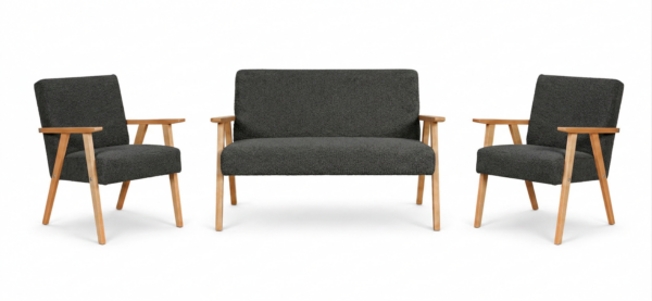 Zestaw wypoczynkowy sofa 2-os 2 fotele tkanina Boucla czarny Soler Family — widoki produktu