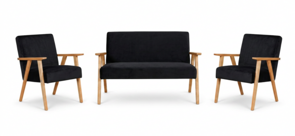 Zestaw wypoczynkowy sofa 2-os 2 fotele retro welwet czarny Soler Family — widoki produktu