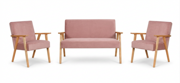 Zestaw wypoczynkowy sofa 2-os 2 fotele retro vintage różowy Soler Family — widoki produktu