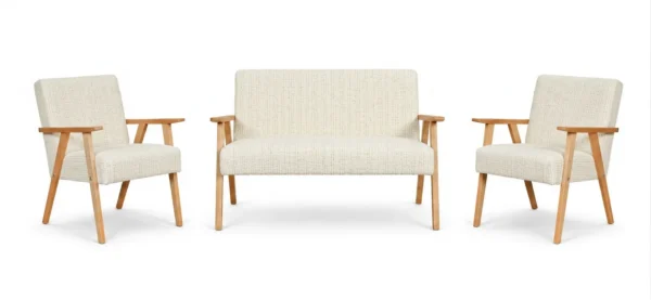 Zestaw wypoczynkowy sofa 2-os 2 fotele retro vintage szenil welur beż Soler — widoki produktu