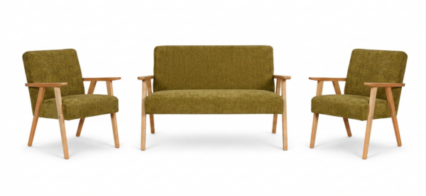 Zestaw wypoczynkowy sofa 2-os 2 fotele szenil welur zielony Soler Family — widoki produktu
