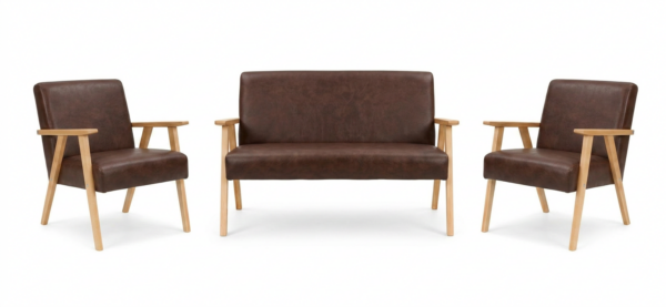 Zestaw wypoczynkowy sofa 2-os 2 fotele retro vintage ekoskóra brązowy Soler — widoki produktu