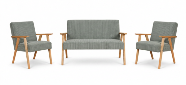 Zestaw wypoczynkowy sofa 2-os 2 fotele retro vintage welur szary Soler — widoki produktu