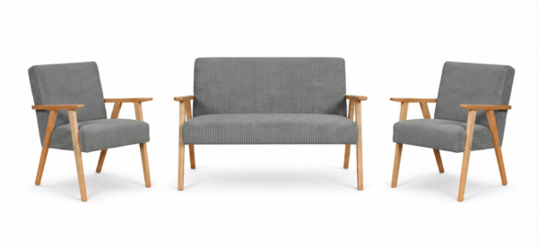 Zestaw wypoczynkowy sofa 2-os 2 fotele retro vintage welur szary Soler — widoki produktu