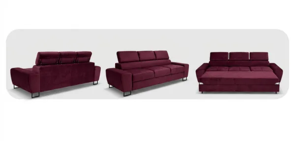 Kanapa sofa rozkładana f spania reg zagłówek burgund Savio 3 os Family — widoki produktu