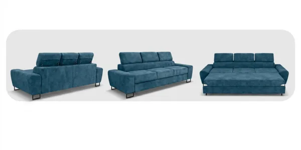 Kanapa sofa rozkładana f spania reg zagłówek niebieski Savio 3 os Family — widoki produktu