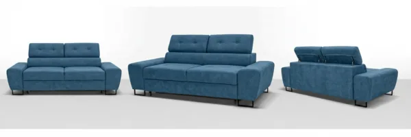 Kanapa sofa rozkładana f spania reg zagłówek welur niebieski Savio 2 os — widoki produktu