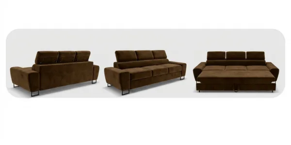 Kanapa sofa rozkładana f spania reg zagłówek brązowy Savio 3 os Family — widoki produktu