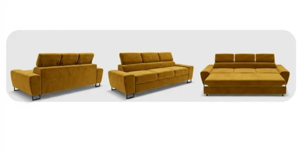Kanapa sofa rozkładana f spania reg zagłówek welurowy żółty Savio 3 os — widoki produktu