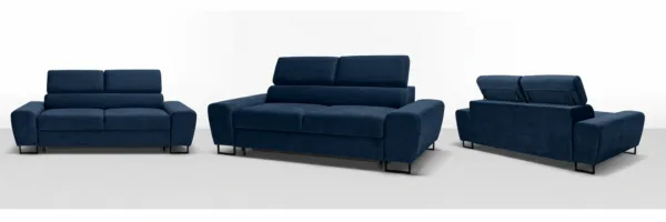 Kanapa sofa rozkładana f spania reg zagłówek welur niebieski Savio 2 os — widoki produktu