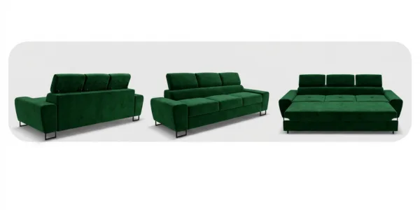 Kanapa sofa rozkładana f spania reg zagłówek welur zielony Savio 3 os — widoki produktu