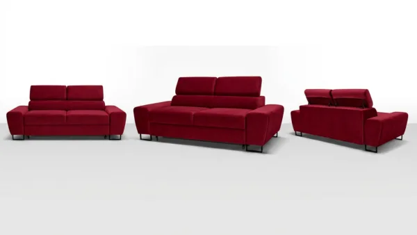 Kanapa sofa rozkładana f spania reg zagłówek welur czerwony Savio 2 os — widoki produktu