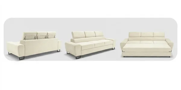 Kanapa sofa rozkładana f spania reg zagłówek welur beżowy Savio 3 os Family — widoki produktu