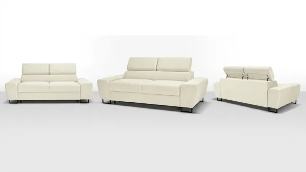 Kanapa sofa rozkładana f spania reg zagłówek welur kremowy Savio 2 os — widoki produktu