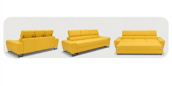Kanapa sofa rozkładana f spania reg zagłówek welur żółty Savio 3 os Family — widoki produktu