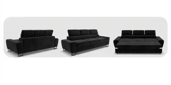 Kanapa sofa rozkładana f spania reg zagłówek welur czarny Savio Family — widoki produktu