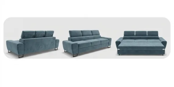 Kanapa sofa rozkładana f spania reg zagłówek welur niebieski Savio 3 os — widoki produktu
