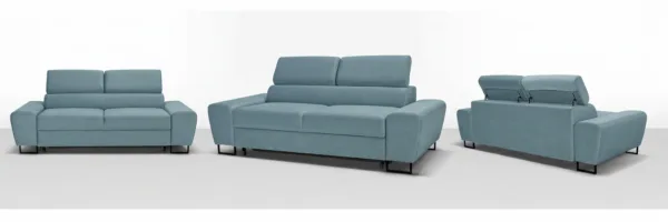 Kanapa sofa rozkładana f spania reg zagłówek welur niebieski Savio 2 os — widoki produktu