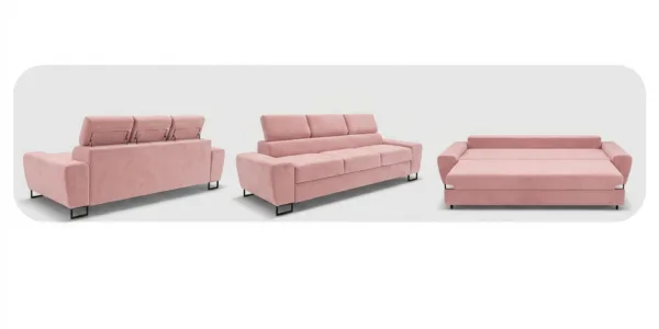 Kanapa sofa rozkładana f spania reg zagłówek różowy Savio 3 os Family Meble — widoki produktu