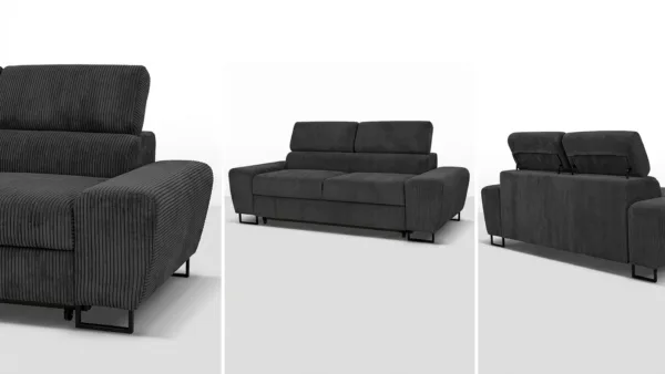 Kanapa sofa rozkładana f spania reg zagłówek sztruks czarny Savio 2 os — widoki produktu