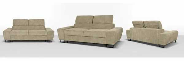 Kanapa sofa rozkładana f spania reg zagłówek szenil beżowy Savio 2 Family — widoki produktu