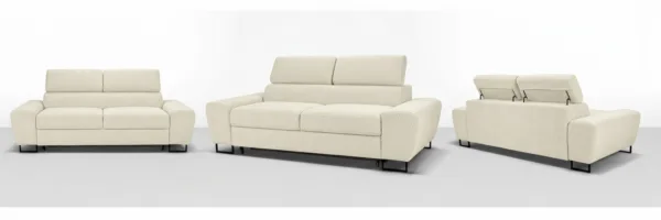 Kanapa sofa rozkładana f spania reg zagłówek szenil welur beż Savio 2 os — widoki produktu