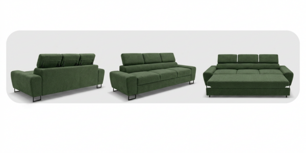 Kanapa sofa rozkładana f spania reg zagłówek zielony Savio 3 os Family — widoki produktu