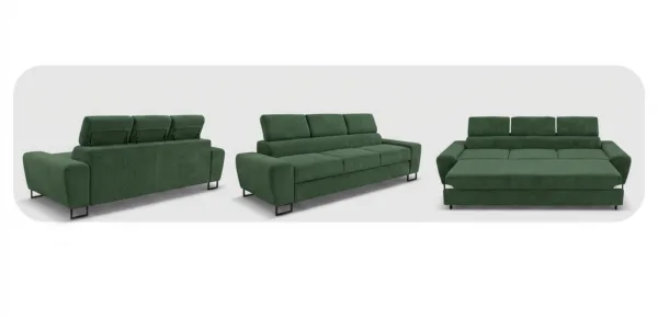 Kanapa sofa rozkładana f spania reg zagłówek sztruks butelkowa zieleń Savio — widoki produktu