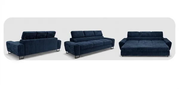 Kanapa sofa rozkładana f spania reg zagłówek sztruks granatowy Savio 3 os — widoki produktu