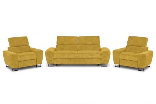 Zestaw wypoczynkowy sofa kanapa 2 fotele musztardowy złoty sztruks Savio — widoki produktu