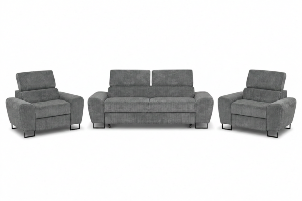 Zestaw wypoczynkowy sofa kanapa 2 fotele szary grafit sztruks Savio Family — widoki produktu