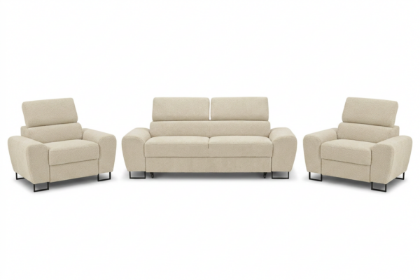 Zestaw wypoczynkowy sofa kanapa 2 fotele beż szenil komfortowy SAVIO Family — widoki produktu