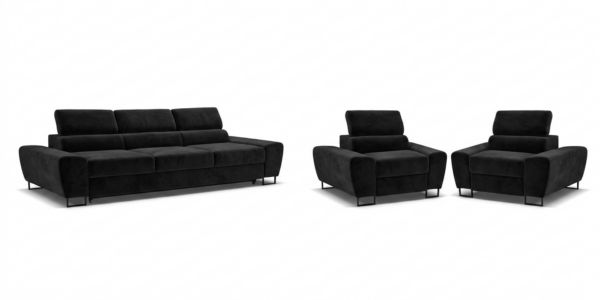 Zestaw wypoczynkowy sofa 3 kanapa fotele czarny welur wygodny Savio Family — widoki produktu