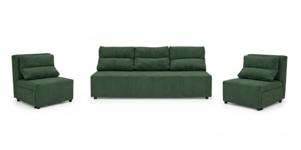 Zestaw wypoczynkowy sofa kanapa fotele butelkowa zieleń sztruks Kimo Family — widoki produktu