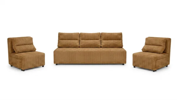 Zestaw wypoczynkowy sofa 3 kanapa fotele rudy sztruks wygodny Kimo Family — widoki produktu