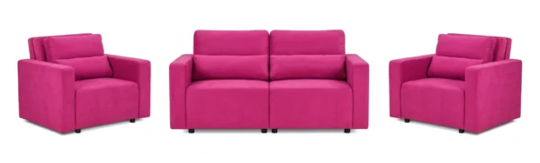 Zestaw wypoczynkowy kanapa sofa rozkładana 2 fotele różowy welur Komo — widoki produktu