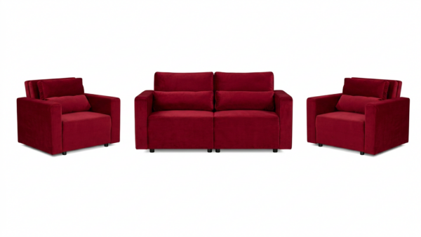 Zestaw wypoczynkowy kanapa sofa rozkładana 2 fotele czerwony welur Komo — widoki produktu
