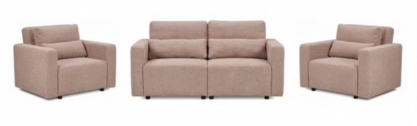 Zestaw wypoczynkowy kanapa sofa rozkładana 2 fotele pudrowy róż Komo Family — widoki produktu