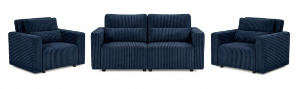 Zestaw wypoczynkowy kanapa sofa rozkładana 2 fotele granatowy Komo Family — widoki produktu