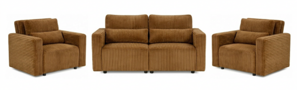 Zestaw wypoczynkowy kanapa sofa rozkładana 2 fotele sztruks miedziany welur — widoki produktu