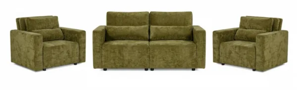 Zestaw wypoczynkowy kanapa sofa rozkładana 2 fotele zielony szenil Komo — widoki produktu