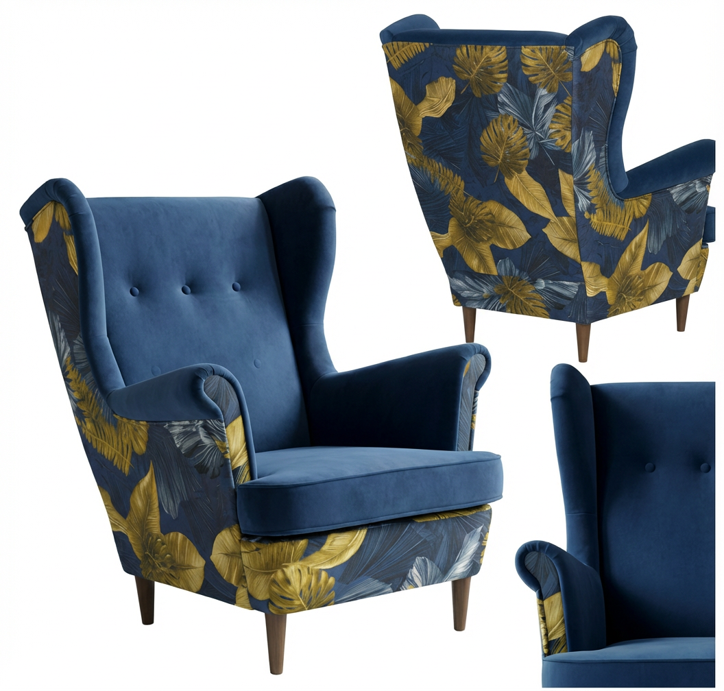 Fotel uszak skandynawski Ari Print Duo — niebieski