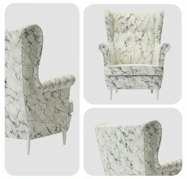 Fotele uszak skandynawskie biały marmur wzór carrara Design Family Meble — detale