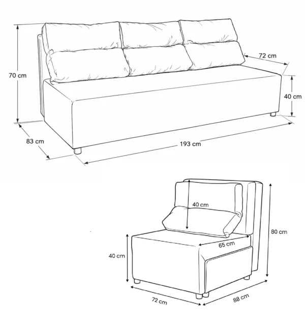 Zestaw wypoczynkowy sofa 3 kanapa fotele błękitny welur KIMO Family Meble — wymiary