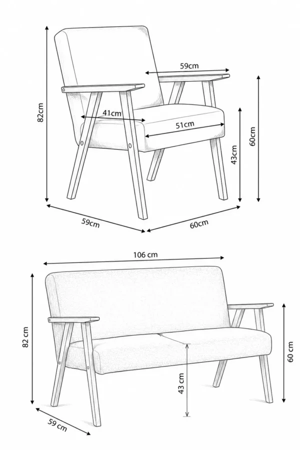 Zestaw wypoczynkowy sofa 2-os 2 fotele Boucla zielony Soler wygodny Family — wymiary