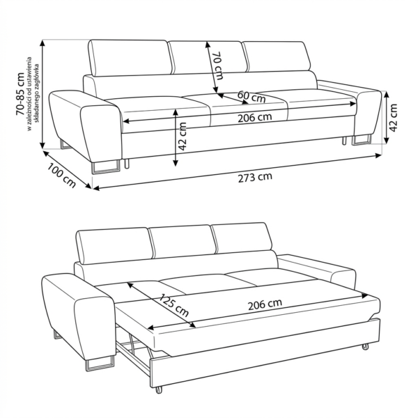 Kanapa sofa rozkładana f spania reg zagłówek szenil welur zielony Savio 3 — wymiary
