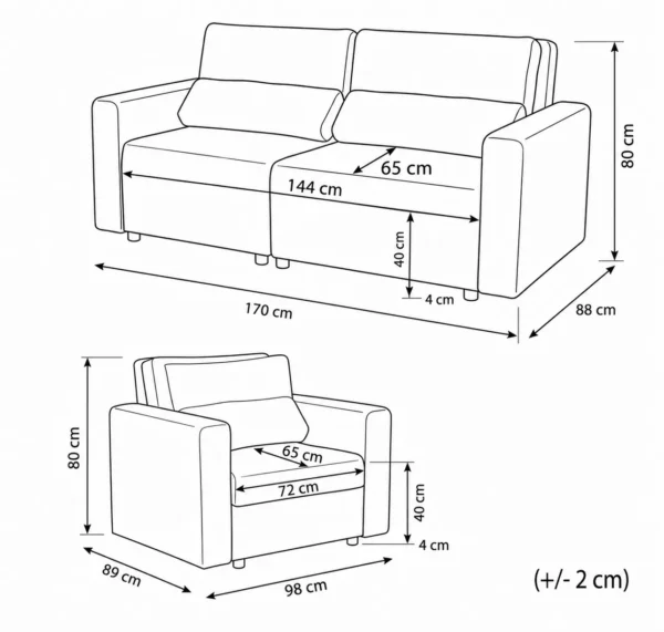 Zestaw wypoczynkowy kanapa sofa rozkładana 2 fotele czarny sztruks Komo — wymiary