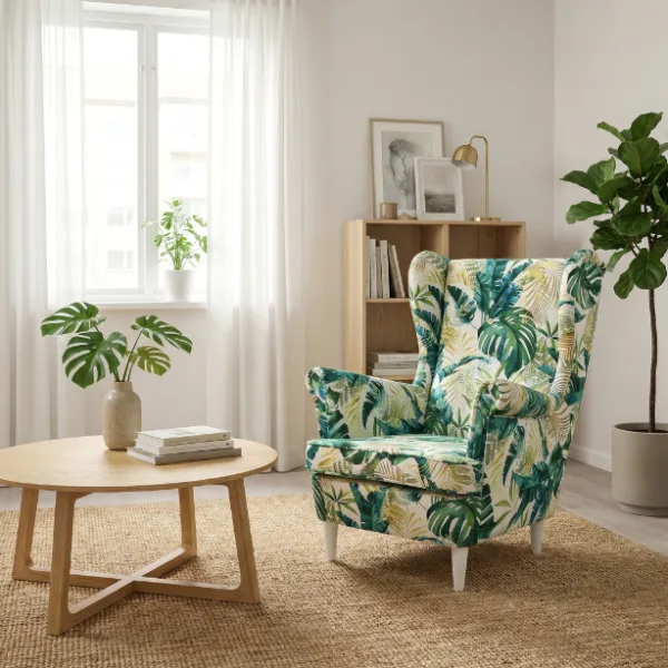 Fotel uszak skandynawski tropical monstera zielony welur Print Family Meble — komfort
