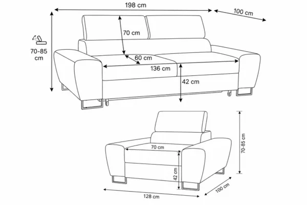 Zestaw wypoczynkowy sofa kanapa 2 fotele czarny biały Savio Family Meble — wymiary