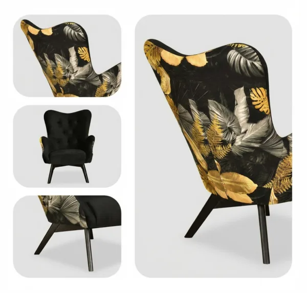 Fotele uszaki skandynawskie welur czarne liście Luna Print Duo Family Meble — detale